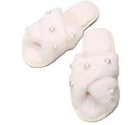 ZNEL Mujer Pantuflas Esponjosas Y Suaves Con Tira Cruzada Con Perlas Punta Abierta Zapatos Suela Antideslizante Cómodas Zapatillas De Casa(40/41 EU, White)