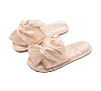 ZNEL Open Toe Flat Slippers Satin Sweetheart Bow-Tie Elegant Pure Color Bridal Flips Hand Sewn Quilted Lining Hotel Slides Wedding Home Flops(38/39 EU, Gold-Women)