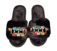 ZNEL Open Toe Fluffy Fuzzy Band with Rhinestones Colorful Hearts Slippers for Women with Non-slip Sole, Plush Memory Foam Home Shoes(40/41 EU, Black)