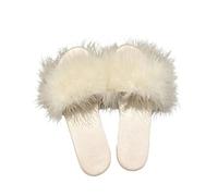 ZNEL Open Toe Fuzzy Satin Flat Slippers Fluffy Furry Feather Slides House Shoes Memory Foam Sandals for Women Mom Her Ladies Bridesmaid(39 EU, White)