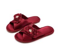 ZNEL Open Toe Satin Silk Cross Band Flat Slippers House Shoes with Pearl Flower Shape, Non-slip Slides Sandals for Women Men(40/41 EU, Red)