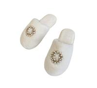 ZNEL Pantoufles En Peluche Douce Et Moelleuse Chauds Et Moelleux Chaussures Avec Anneau De Perle Chaussons à Enfiler En Coton Pour Femme, Maman(36/37 EU, White)
