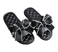 ZNEL Silk Double Bow-Knot Open Toe Satin Slippers for Women Quilting Lined Flat Slide Non-slip Sole Memory Foam Elegant House Shoes(35/36 EU, Black)