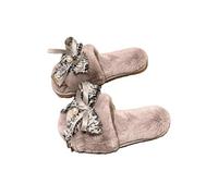 ZNEL Suaves Esponjosas Lazo De Encaje Con Perlas Punta Cerrada Pantuflas Planas Para Mujer Peludas Y Cómodas Suela Antideslizante Zapatillas De Casa(39/40 EU, Gray)