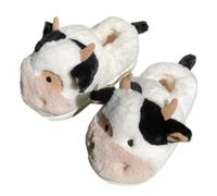 ZNEL Women Cartoon Cow Print Cotton Fuzzy Slippers,Cute Animal Cattle Fluffy Plush Home Shoes Anti-Skid 4cm Thick Sole(42/43 EU, White)