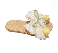 ZNEL Women Open Toe Slippers Lace Bow with Double Tulip Flower Shape Tatami Straw Shoes,Linen Lightweight Slip Silent Sandals(37/38 EU, Yellow)