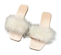 ZNEL Women's Fuzzy Open-Toe Satin Slippers Memory Foam Feather Slides Fluffy Furry Indoor Bedroom House Sandals Shoes Non-slip Sole(38 EU, White)
