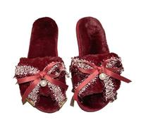 ZNEL Womens Fuzzy Slippers Lace Bow Butterfly Tie & Pearl Band Cozy Plush Fluffy Furry Open Toe House Shoes Indoor Outdoor Memory Foam Slide(41/42 EU, Red)