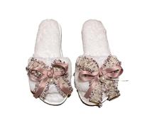 ZNEL Womens Fuzzy Slippers Lace Bow Butterfly Tie & Pearl Band Cozy Plush Fluffy Furry Open Toe House Shoes Indoor Outdoor Memory Foam Slide(37/38 EU, White)