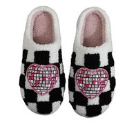 ZNEL Women's Men's Fuzzy Slippers Heart-Shaped Disco Ball Pattern & Checkered Printing Home Shoes Memory Foam Warm Plush Comfy Cute Footwear(44/45 EU, Black)