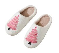 ZNEL Women's Men's Fuzzy Slippers Pink Christmas Tree Print Pattern Home Shoes Memory Foam Cozy Plush Couple Indoor Household Slippers(40/41 EU, White)