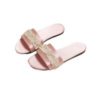 ZNEL Women's Men's Open Toe Satin Flat Slippers with Mesh and Pearls Pure Color Slides Bridal Flips Flops Anti-Skid Sole Sandals Indoor Shoes(40/41 EU, Pink)