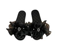 ZNEL Women's Open Toe Slippers Transparent Mesh Bling Rhinestone Square Decoration Satin Stitching Sole Indoor Breathable Flat Sandals (37/38 EU, Black)