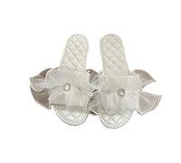 ZNEL Women's Open Toe Slippers Transparent Mesh Bling Rhinestone Square Decoration Satin Stitching Sole Indoor Breathable Flat Sandals (35/36 EU, White)