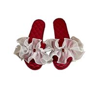 ZNEL Women's Open Toe Slippers Transparent Mesh Bling Rhinestone Square Decoration Satin Stitching Sole Indoor Breathable Flat Sandals (37/38 EU, Red)