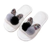 ZNEL Women's Rhinestones Shiny Sequin Ears Two-Color Rabbit Bunny Slippers, Soft Plush Fleece Lightweight Non Slip Open Toe Flip Flop Shoes House(40/41 EU, White)