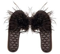 ZNEL Women's Satin Open Toe Sandal Fluffy Feather Flat Slippers -Stitched Silk Quilted Bottom Non-slip Slides Flip Flop Wedding Shoes(39/40 EU, Black)