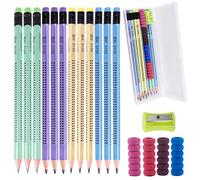 Zngou 18Pcs Hb Pencils Set, 12Pcs Presharpened with Rubbers On The End Triangle Wood Cute Eraser 1 Sharpener 4 Pencil Grips Pen Case for School Kids Children Writing Drawing