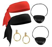 Zngou 6 Pcs Pirate Costume Accessories Set, Captain Costume Accessories Black Head Scarf Red Head Bandana Pirate Eye Patches Plastic Golden Hoop Earrings for Men Women Party Halloween