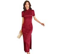 ZNLFS Women's Chinese Dresses Long Cheongsam Mandarin Collar Slim Fit Short Sleeve Bodycon Floral Print Sexy Side Slit Qipao (UK, Numeric, 12, Regular, Regular, Red)