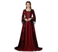 ZNLFS Women's Medieval Victorian Ball Gown Gothic Renaissance Costume Dress with Lace Bell Sleeves Square Neckline Royal Halloween Fancy Dress (Wine Red, Large)