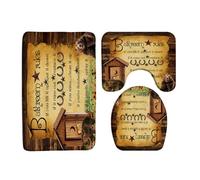 ZNLSU 3 Piece Bathroom Rules Bath Mat Set Rustic Outhouse Primitive Country Vintage Barn Wooden Cabin Bear Funny Quotes Western 16"x24"Bath Mat,Toilet Seat Cover,U-Shaped Toilet Mat