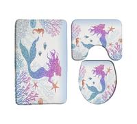 ZNLSU 3 Piece Mermaid Bath Mat Set Blue Pink Glitter Mermaid Scales Fish Coral Seahorse Cute Cartoon Girls Bathroom Rug Sets,16"x24"Bath Mat,Toilet Seat Cover,U-Shaped Toilet Rug
