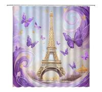 ZNLSU Eiffel Tower Shower Curtain Purple Butterfly Paris Eiffel Tower Romantic Modern Oil Painting 70" WX70 H Bathroom Decor Fabric Curtain with Hooks