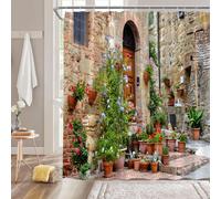 ZNLSU Italian Shower Curtain Vintage European Old Street Flower Nature Scene Italy Village Tuscany Green Plants Mediterranean Rustic Fabric Bathroom Curtain Sets with Hooks
