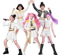 ZNLVZSH Dem Hunt golden Costume Rumii Miira Zoeyy For Girls Kids,Huntrs fancy dress Anime Cosplay Halloween party Pop Stage Carnival Outfits with 70 Pcs Anime Stickers (White-F,130)