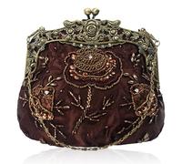 ZNTIHZ Retro Embroidery Designer Bags Luxury Purses and Handbags Bead bag Sequins Clutch Purse Chains Shoulder Evening Bag For Wedding,Party(Coffee)