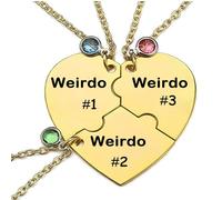ZNTU Weirdo 1 Weirdo 2 Weirdo 3 Necklace Heart Bff Necklace for 3 Best Friend Necklaces Sister Friendship Jewelry, Rhinestone, Rhinestone
