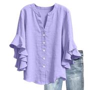 Znwerma Women's Tops Womens Linen Tops 2026 Elegant 3/4 Ruffled Sleeves V Neck Button Summer Shirts Fashion Plus Size Solid T-Shirts Ladies Loose Casual Spring Trendy Blouses Purple XXL