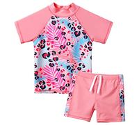 ZNYUNE 3 to 12 Years Girls Two Pieces Swimsuits UPF 50 Beachwear Top Shorts with Drawstring Summer Swimwears Pool Party Bathing Wetsuits Blue Pink Cute Pattern Swim Sets S366 PeachLeopard 6A