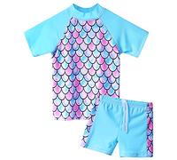 ZNYUNE 3 to 12 Years Girls Two Pieces Swimsuits UPF 50 Beachwear Top Shorts with Drawstring Summer Swimwears Pool Party Bathing Wetsuits Blue Pink Cute Pattern Swim Sets S366 ScaleBlue 6A