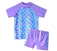 ZNYUNE 3 to 12 Years Girls Two Pieces Swimsuits UPF 50 Beachwear Top Shorts with Drawstring Summer Swimwears Pool Party Bathing Wetsuits Blue Pink Cute Pattern Swim Sets S366 ScalePurple 10A
