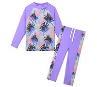 ZNYUNE 3 to 12 Years Girls Two Pieces Swimsuits UPF 50 Beachwear Top Shorts with Drawstring Summer Swimwears Pool Party Bathing Wetsuits Blue Pink Cute Pattern Swim Sets S361 PurpleLeaves 4A