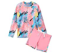 ZNYUNE Girls 2PCS Leaves Printed Swimwear Long Sleeve Swimsuit Set Kids Bathing Suit Swimming Costume for Age 3 to 10 Years S327 Peach 10A