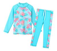 ZNYUNE Girls 2PCS Leaves Printed Swimwear Long Sleeve Swimsuit Set Kids Bathing Suit Swimming Costume for Age 3 to 10 Years S301 CyanFlower 6A