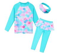 ZNYUNE Girls 2PCS Leaves Printed Swimwear Long Sleeve Swimsuit Set Kids Bathing Suit Swimming Costume for Age 3 to 10 Years S436 CyanScale 6A