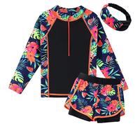 ZNYUNE Girls 2PCS Leaves Printed Swimwear Long Sleeve Swimsuit Set Kids Bathing Suit Swimming Costume for Age 3 to 10 Years S421 BlackFlower 6A