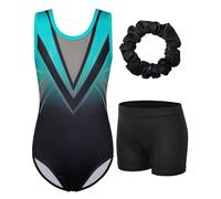 ZNYUNE Girls' Leotard with Trousers, Headband Set, Gymnastics Leotard, Children's Shorts, Jersey, Gymnastics, Sleeveless/Long Sleeve Clothing, Classic Gym, KHB293-BlackGreen, 9-10 Jahre