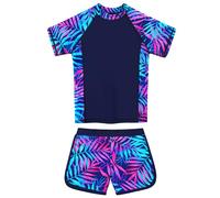 ZNYUNE Girls' Two-Piece Short-Sleeved Swimsuit, UV Protection, UPF 50+, Quick-Drying, Comfortable Swimwear, Size 2-16 Years, Dzs504 Sheets Dark Blue, 13-14 Years