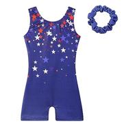 ZNYUNE Gymnastics Biketard Unitard for Girls - Multi-Color Spliced Sparkle Embroidery Shorty Bodysuit 314 NavyStars 140