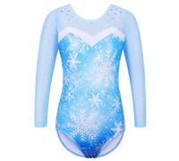 ZNYUNE Long Sleeve Gymnastics Leotard Printing Sparkle Dancing Athletic Leotard For Girls 346 SnowflakeBlue 5A
