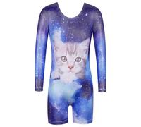 ZNYUNE One-pieceGirls Gymnastic Long Sleeve Leotards Sparkle Dancing Athletic Ballet Unitards for 3-12 Years B389 NavyCat 120