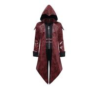 ZNZHKR Men's Steampunk PU Leather Jacket with Hood - Gothic Victorian Vampire Coat Medieval Adjustable Tailcoat Gear, Red, L