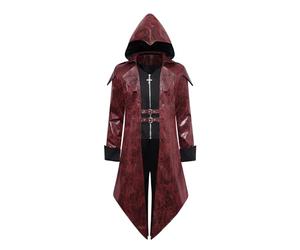 ZNZHKR Men's Steampunk PU Leather Jacket with Hood - Gothic Victorian Vampire Coat Medieval Adjustable Tailcoat Gear, Red, S