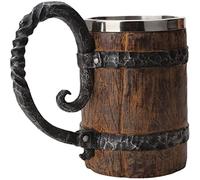 ZNZNANG Viking Wood Style Beer Mug, Wooden Barrel Stainless Steel Vintage Bar Handmade Mug (550ML)