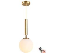 ZOBRO Wireless Battery Operated Pendant with Remote & Dimmable Bulb, Not Hardwired Powered Ceiling Lamp, White Frosted Glass Globe Shade Adjustable Island Light Fixture, Gold, 7.9inch Shade